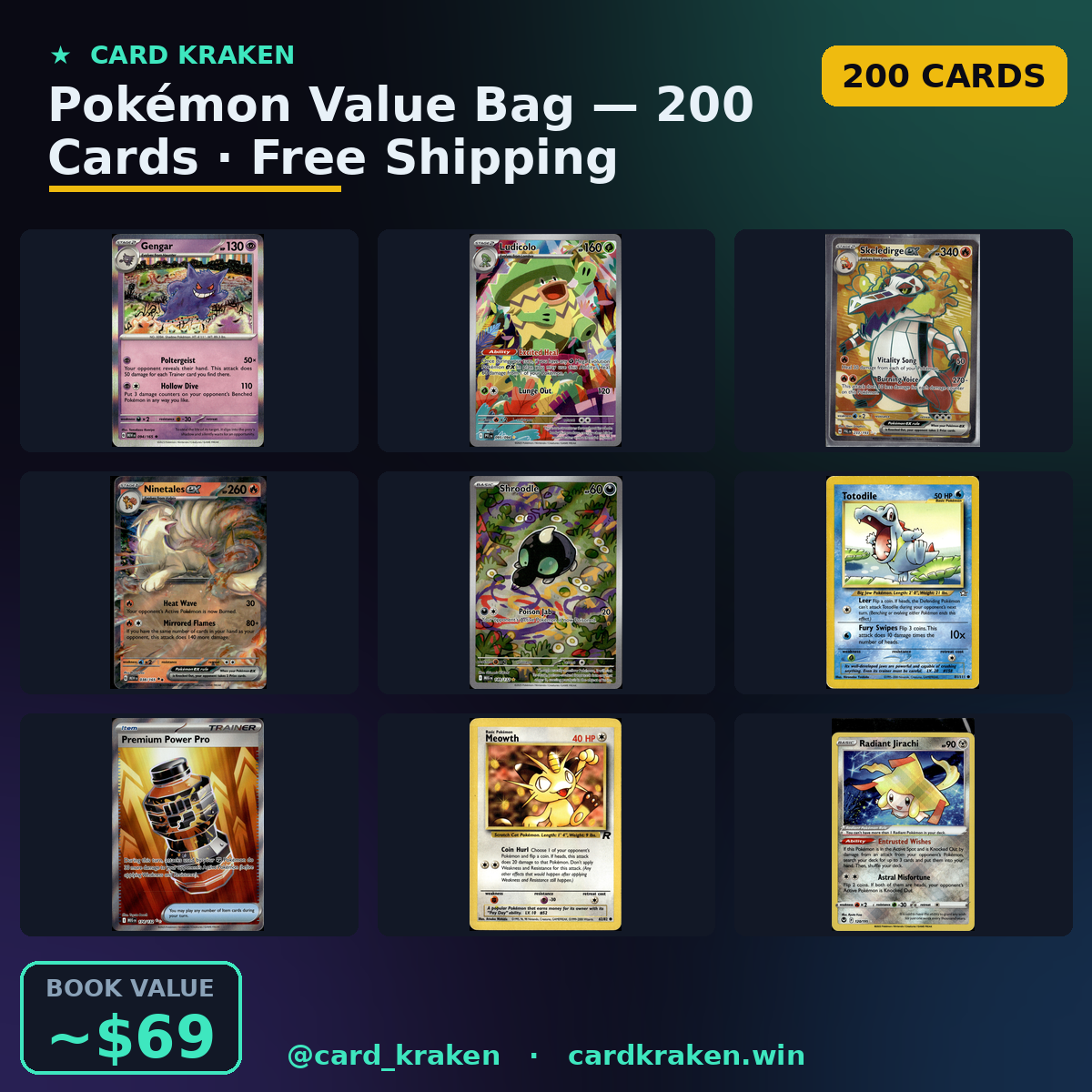 Pokémon Value Bag — 200 Cards · Free Shipping